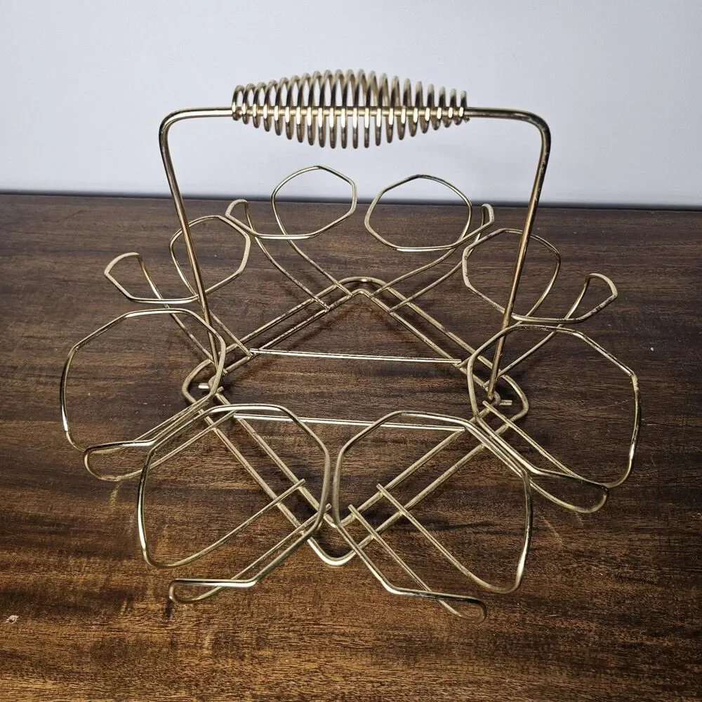 Vintage Mid-Century Modern Gold Metal Barware Caddy 8 Cocktail Glass Carrier